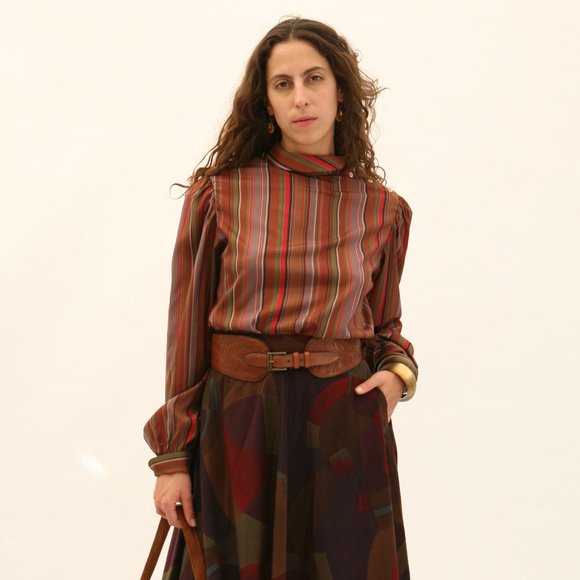 1980's Vintage High Collar Stripe Blouse - Picture 1 of 9